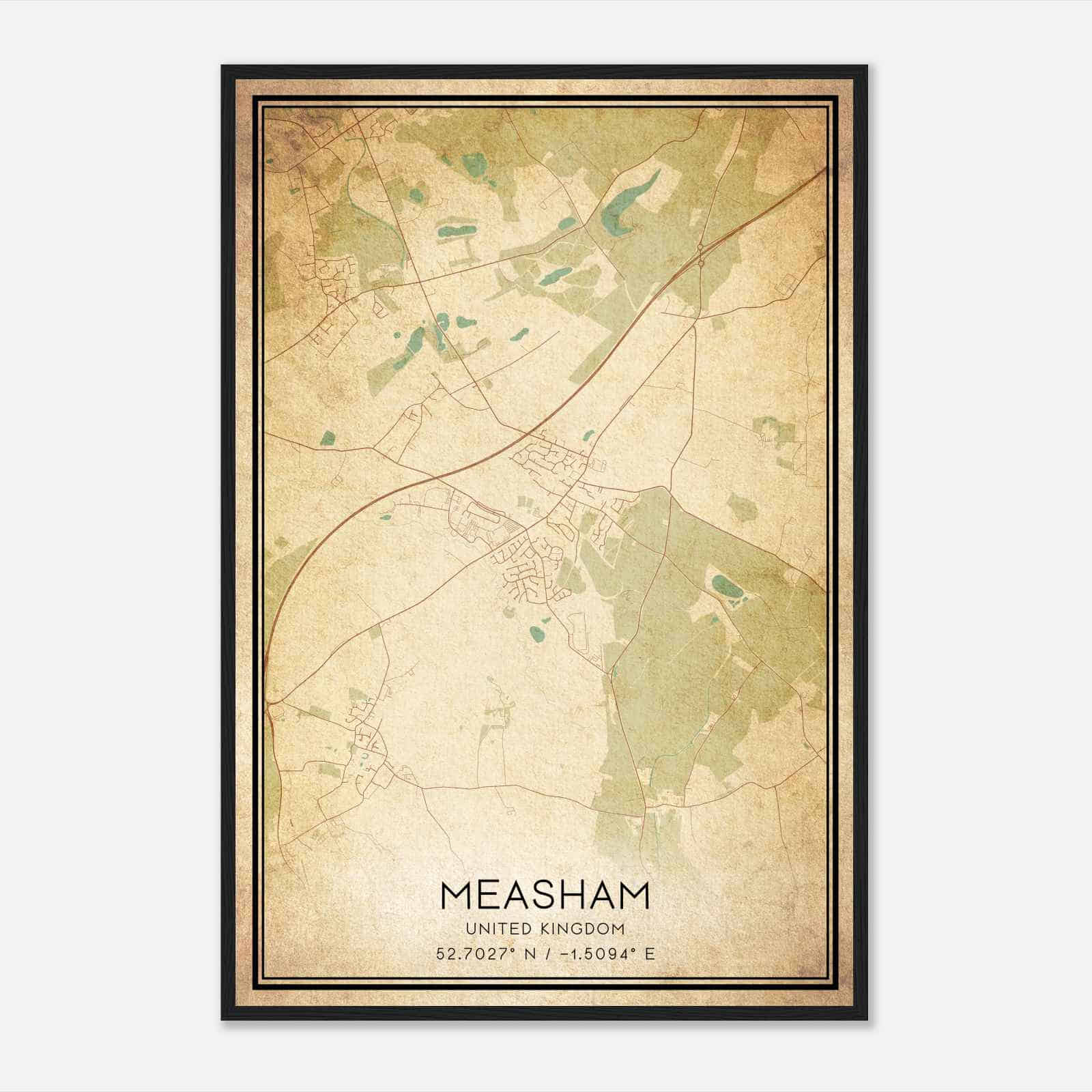 Vintage Measham United Kingdom Map Poster, Measham City Road Wall Art Print