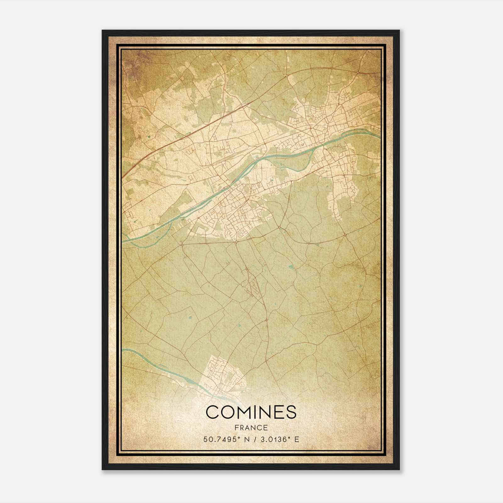 Vintage Comines France Map Poster, Comines City Road Wall Art Print