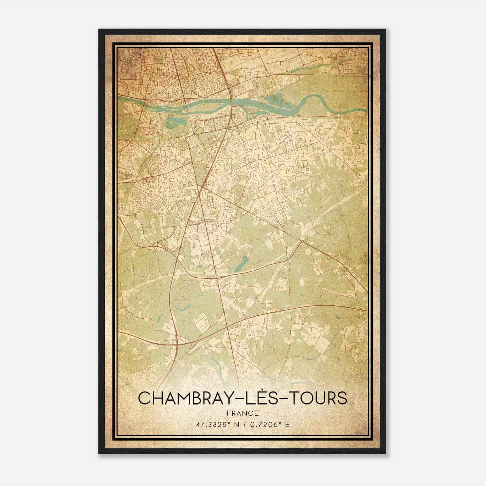 Vintage Chambray-les-Tours France Map Poster, Chambray-les-Tours City Road Wall Art Print