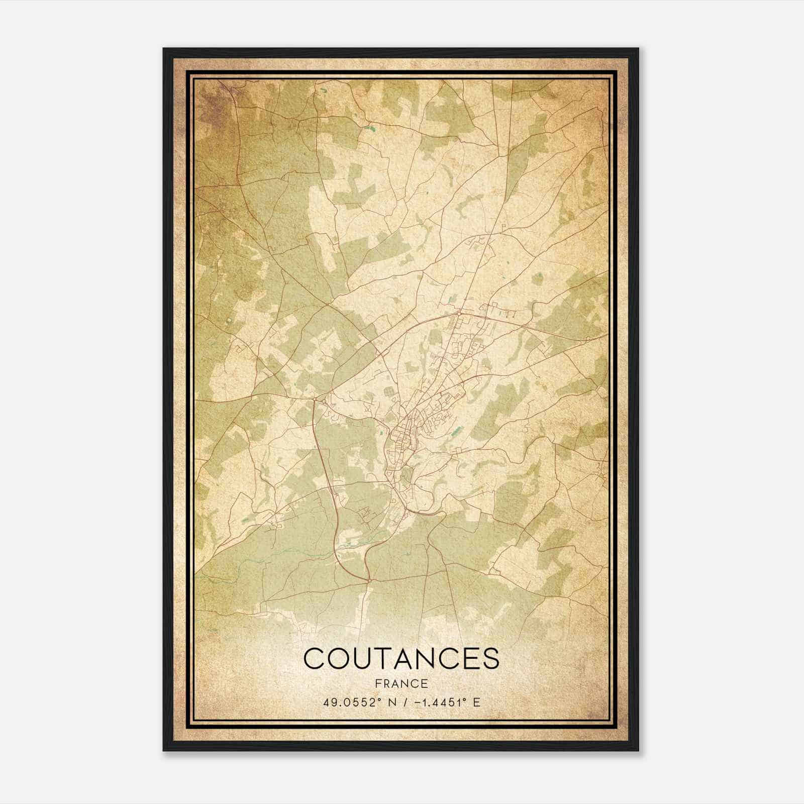 Vintage Coutances France Map Poster, Coutances City Road Wall Art Print