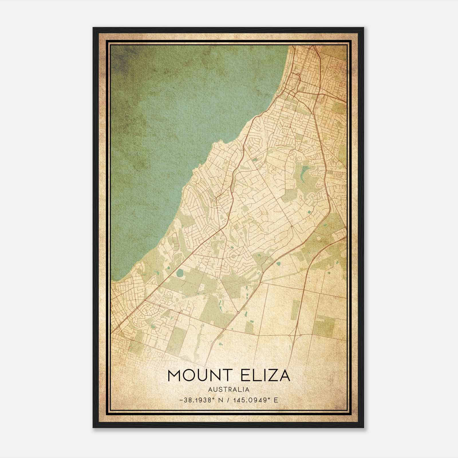 Vintage Mount Eliza Australia Map Poster, Mount Eliza City Road Wall Art Print