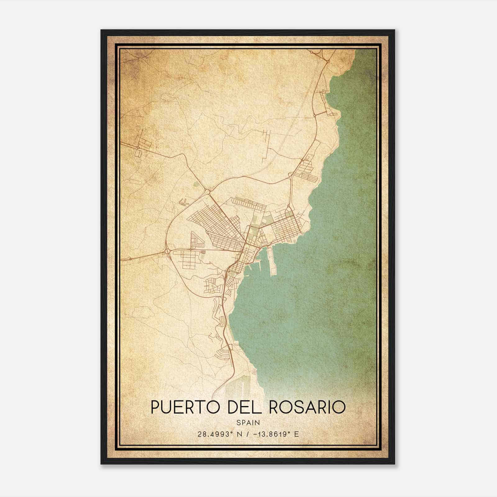 Vintage Puerto del Rosario Spain Map Poster, Puerto del Rosario City Road Wall Art Print