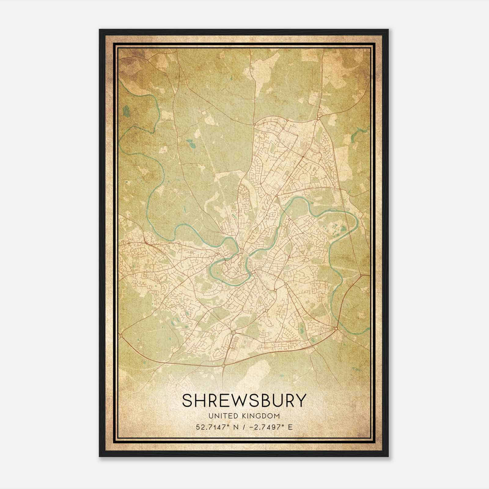 Vintage Shrewsbury United Kingdom Map Poster, Shrewsbury City Road Wall Art Print Vintage Shrewsbury United Kingdom Map Poster, Shrewsbury City Road Wall Art Print