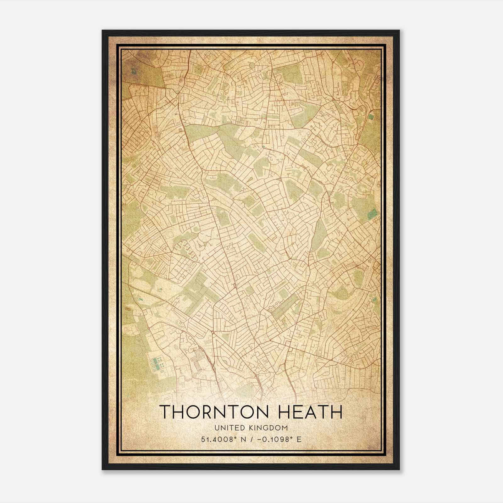 Vintage Thornton Heath United Kingdom Map Poster, Thornton Heath City Road Wall Art Print