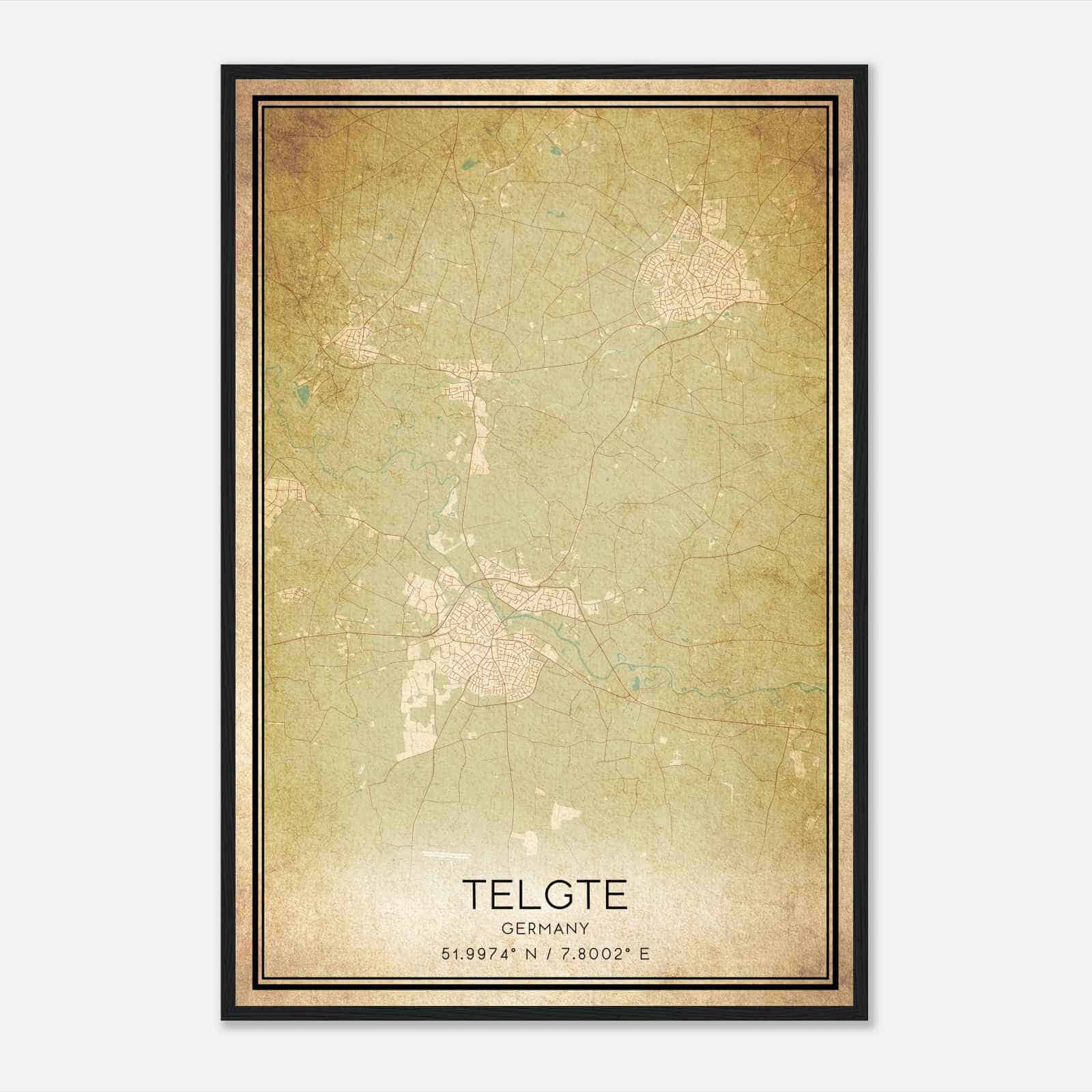 Vintage Telgte Germany Map Poster, Telgte City Road Wall Art Print