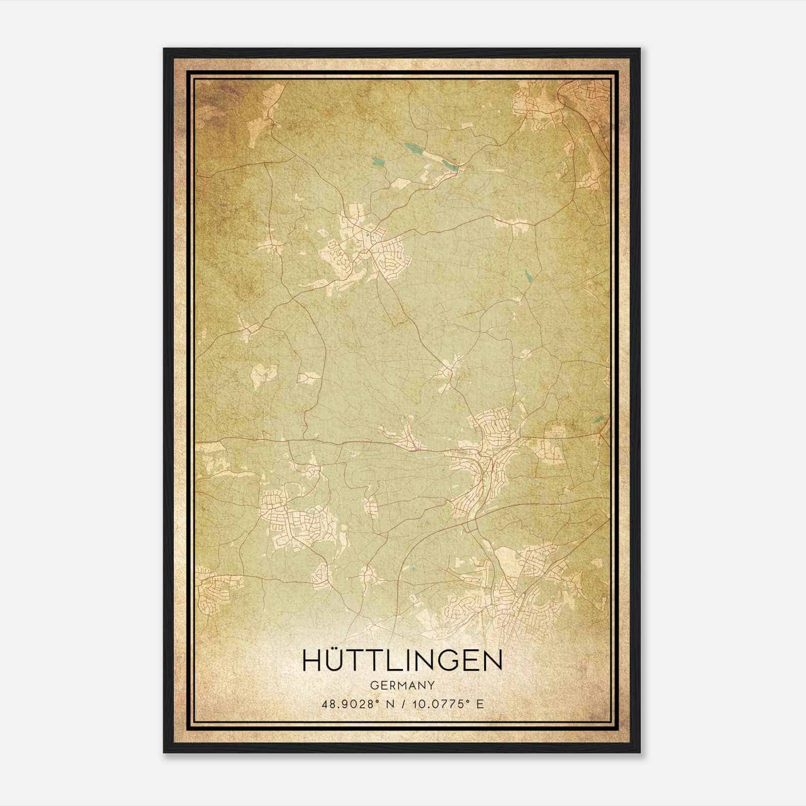 Vintage Huttlingen Germany Map Poster, Huttlingen City Road Wall Art Print
