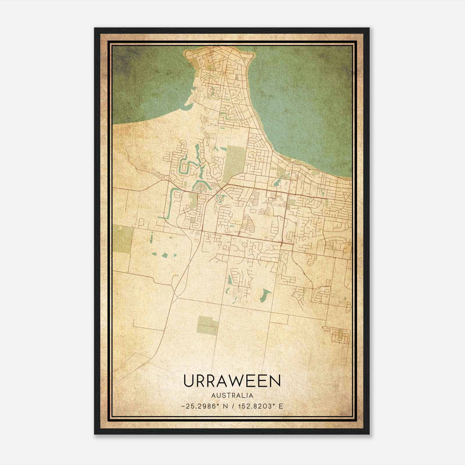 Vintage Urraween Australia Map Poster, Urraween City Road Wall Art Print