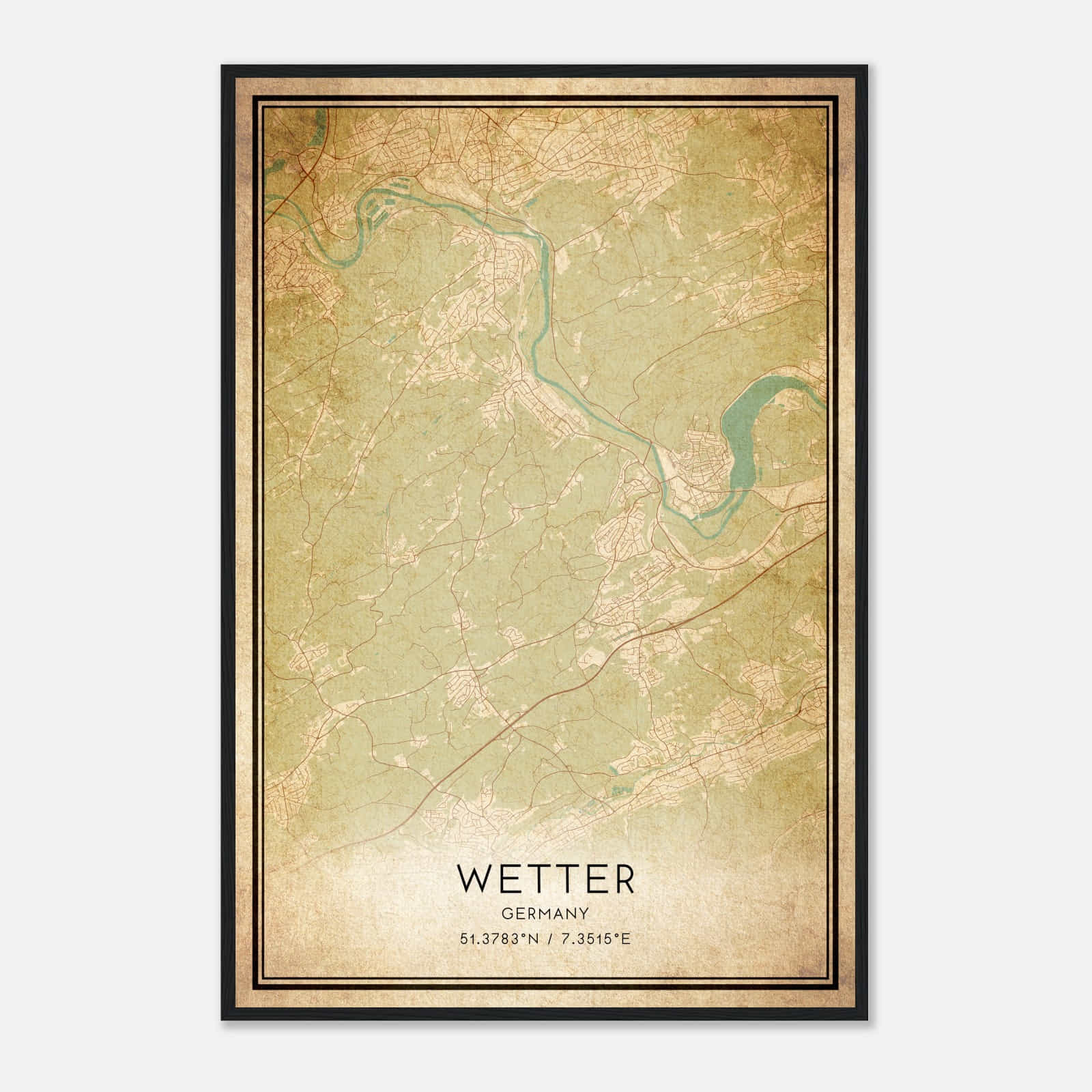 Vintage Wetter (Ruhr) Germany Map Poster, Wetter (Ruhr) City Road Wall Art Print