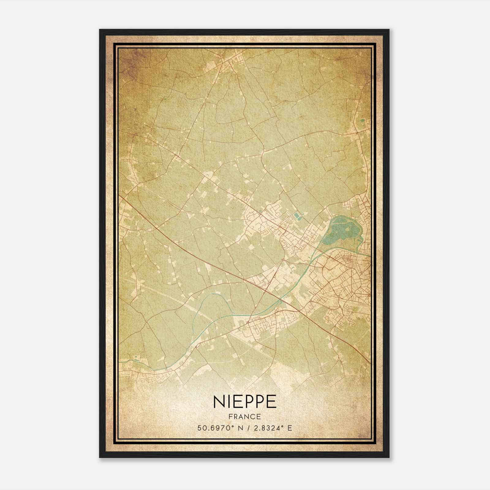 Vintage Nieppe France Map Poster, Nieppe City Road Wall Art Print