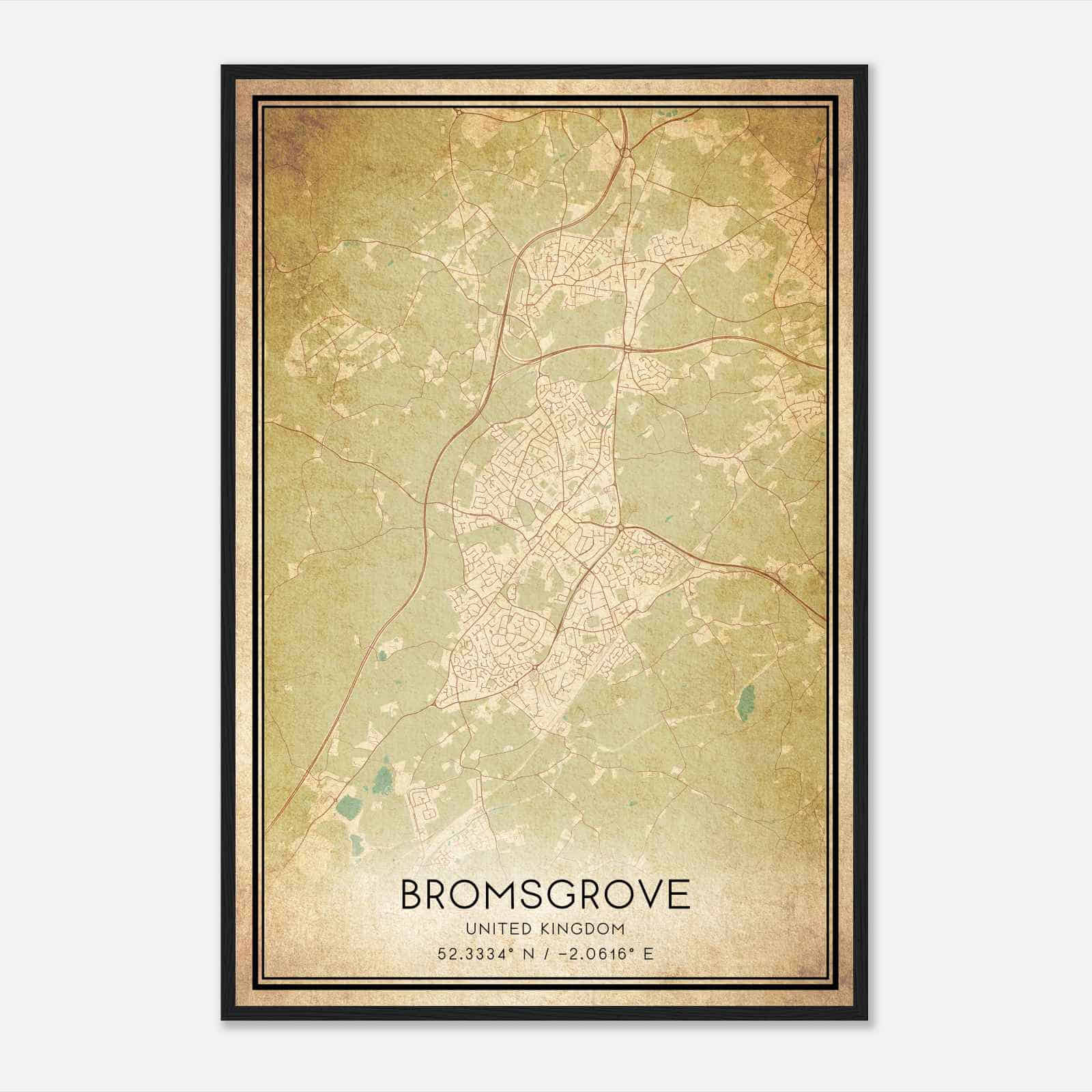 Vintage Bromsgrove United Kingdom Map Poster, Bromsgrove City Road Wall Art Print