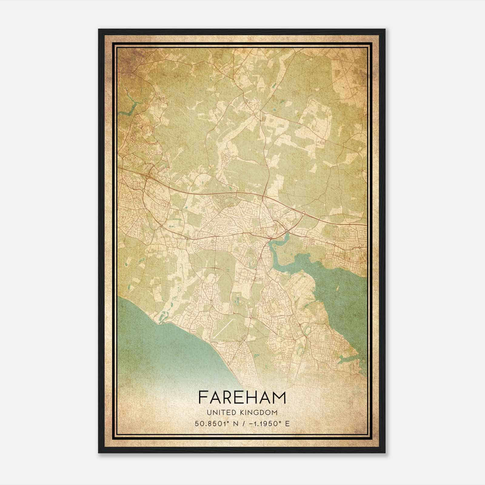 Vintage Fareham United Kingdom Map Poster, Fareham City Road Wall Art Print