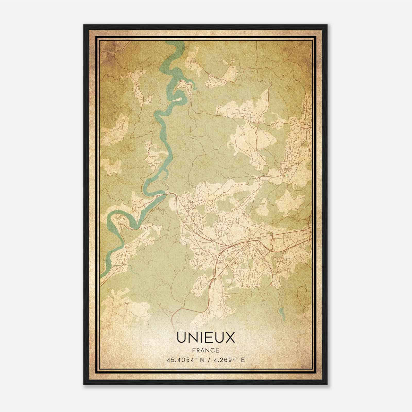Vintage Unieux France Map Poster, Unieux City Road Wall Art Print