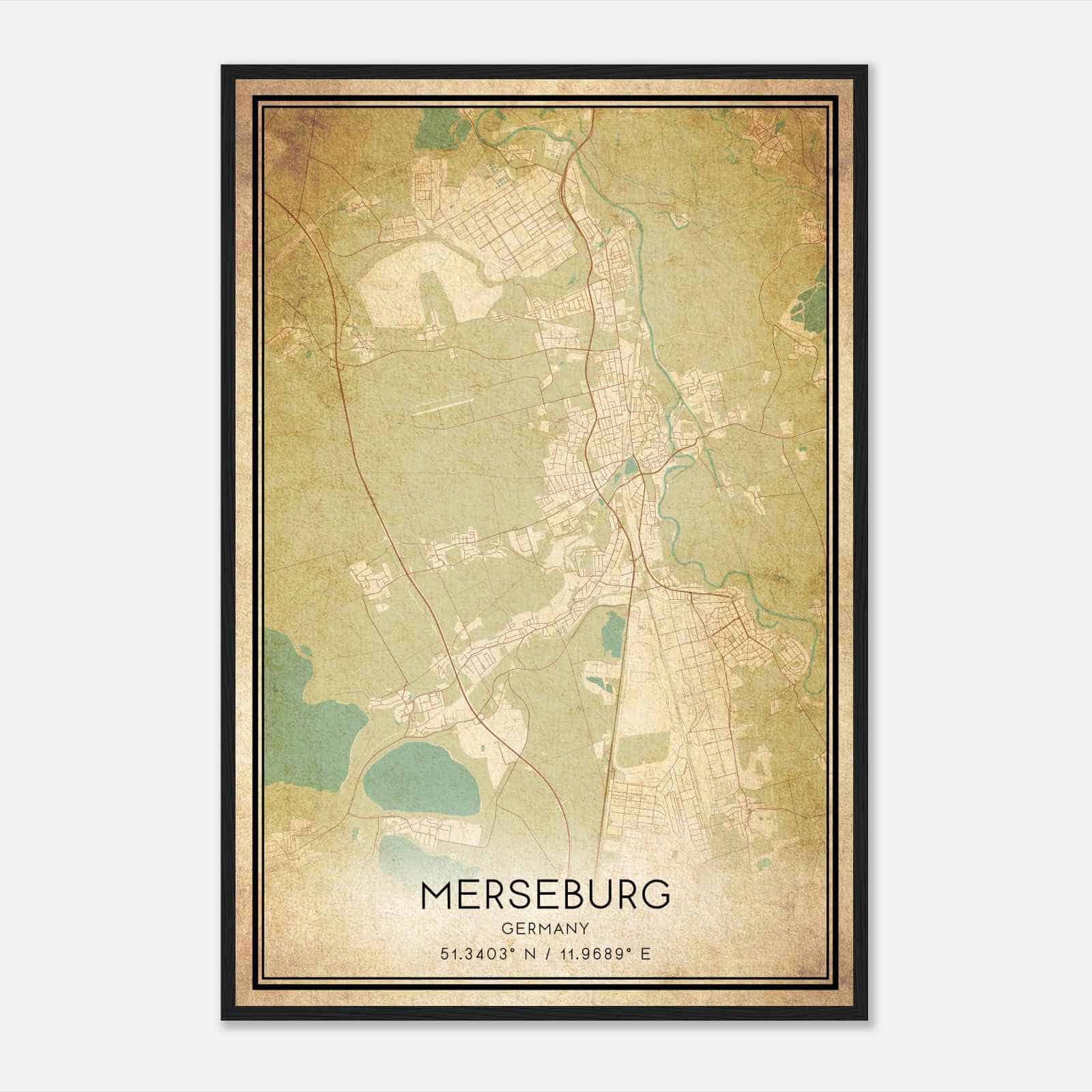 Vintage Merseburg Germany Map Poster, Merseburg City Road Wall Art Print