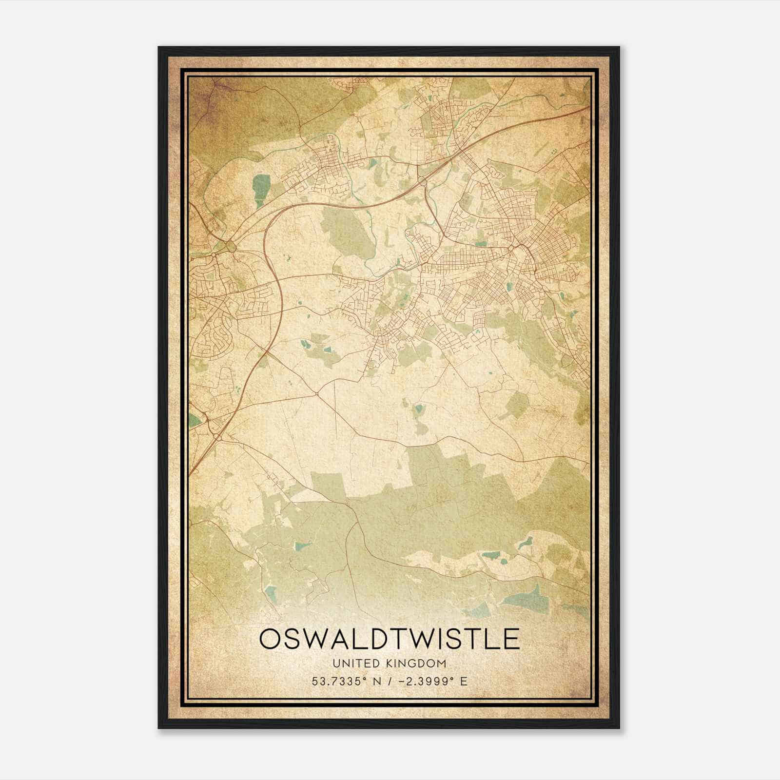 Vintage Oswaldtwistle United Kingdom Map Poster, Oswaldtwistle City Road Wall Art Print
