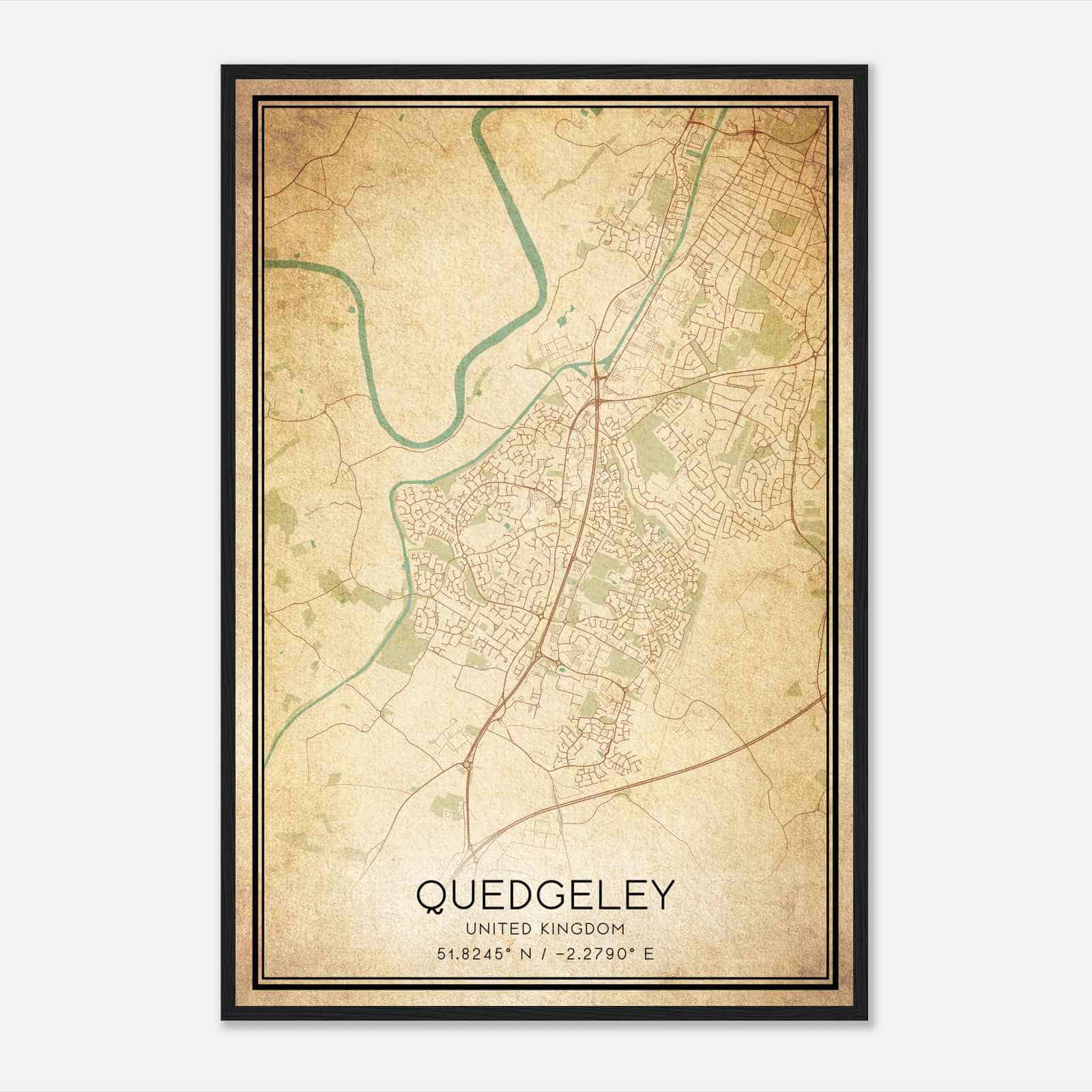 Vintage Quedgeley United Kingdom Map Poster, Quedgeley City Road Wall Art Print