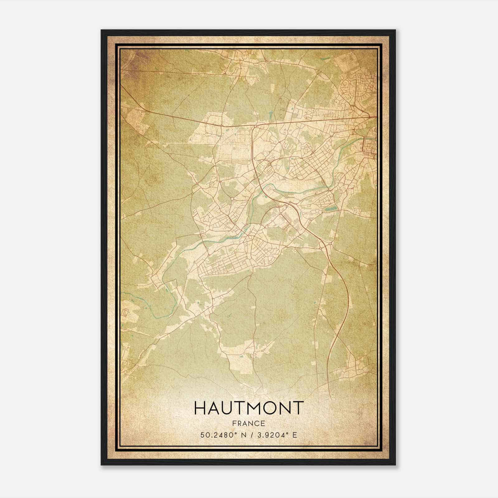 Vintage Hautmont France Map Poster, Hautmont City Road Wall Art Print