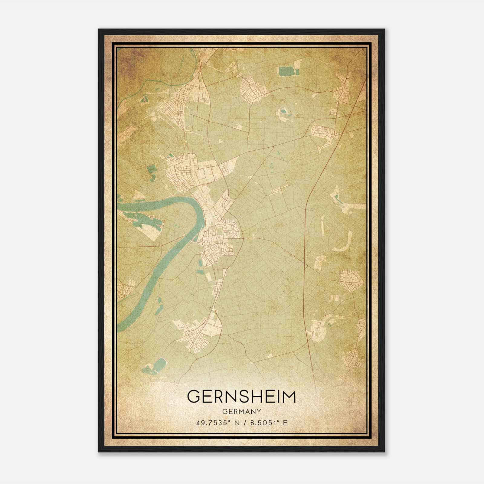 Vintage Gernsheim Germany Map Poster, Gernsheim City Road Wall Art Print