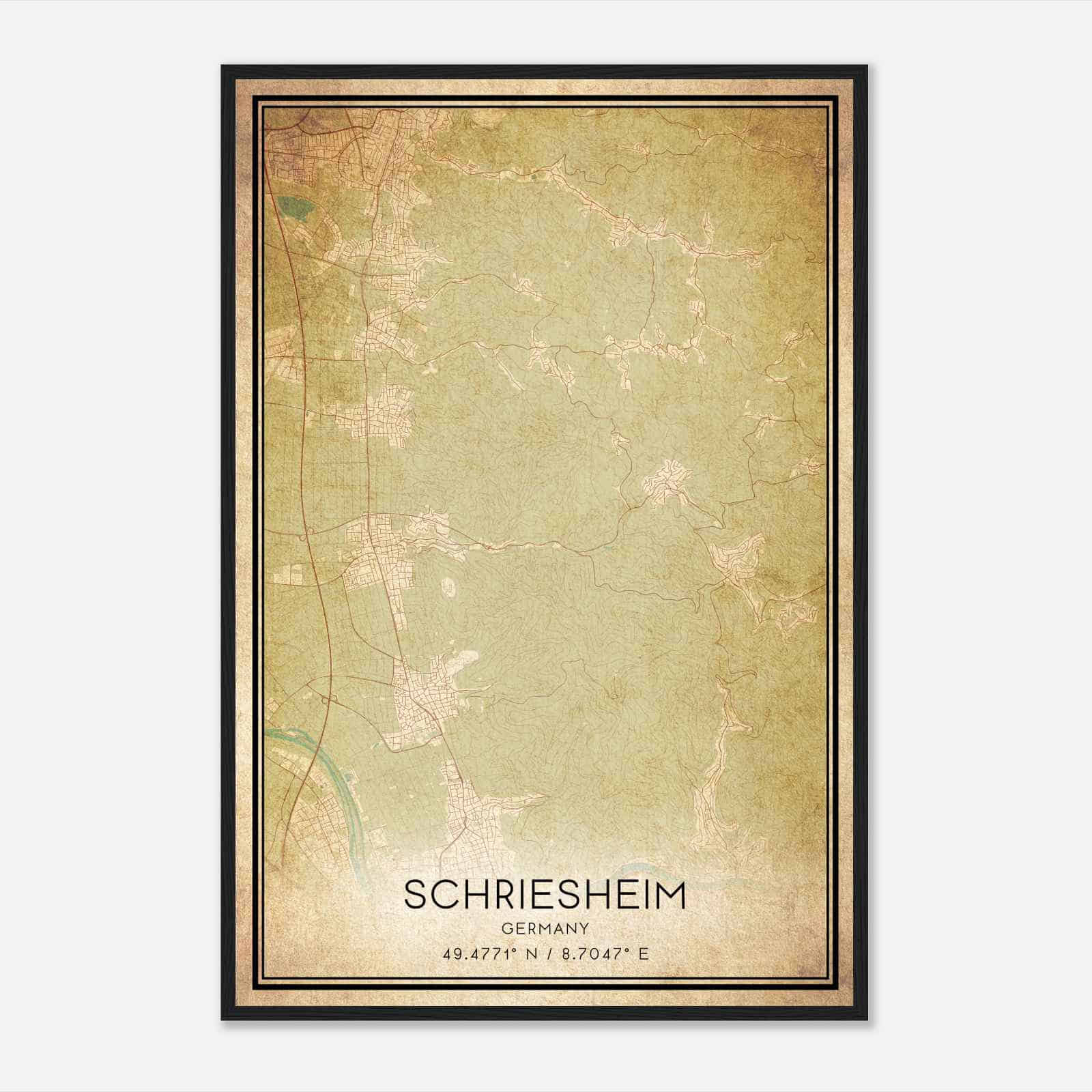 Vintage Schriesheim Germany Map Poster, Schriesheim City Road Wall Art Print