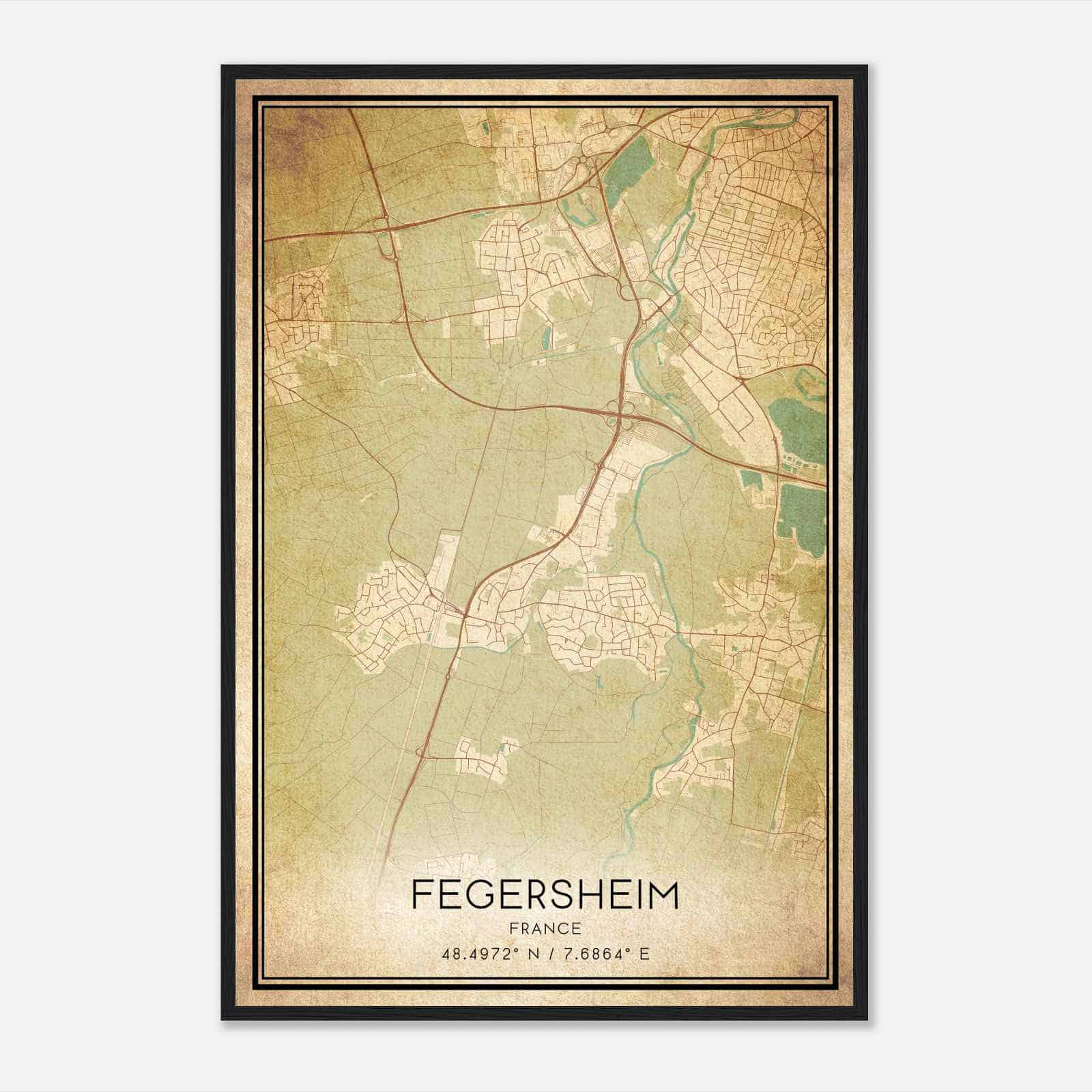 Vintage Fegersheim France Map Poster, Fegersheim City Road Wall Art Print