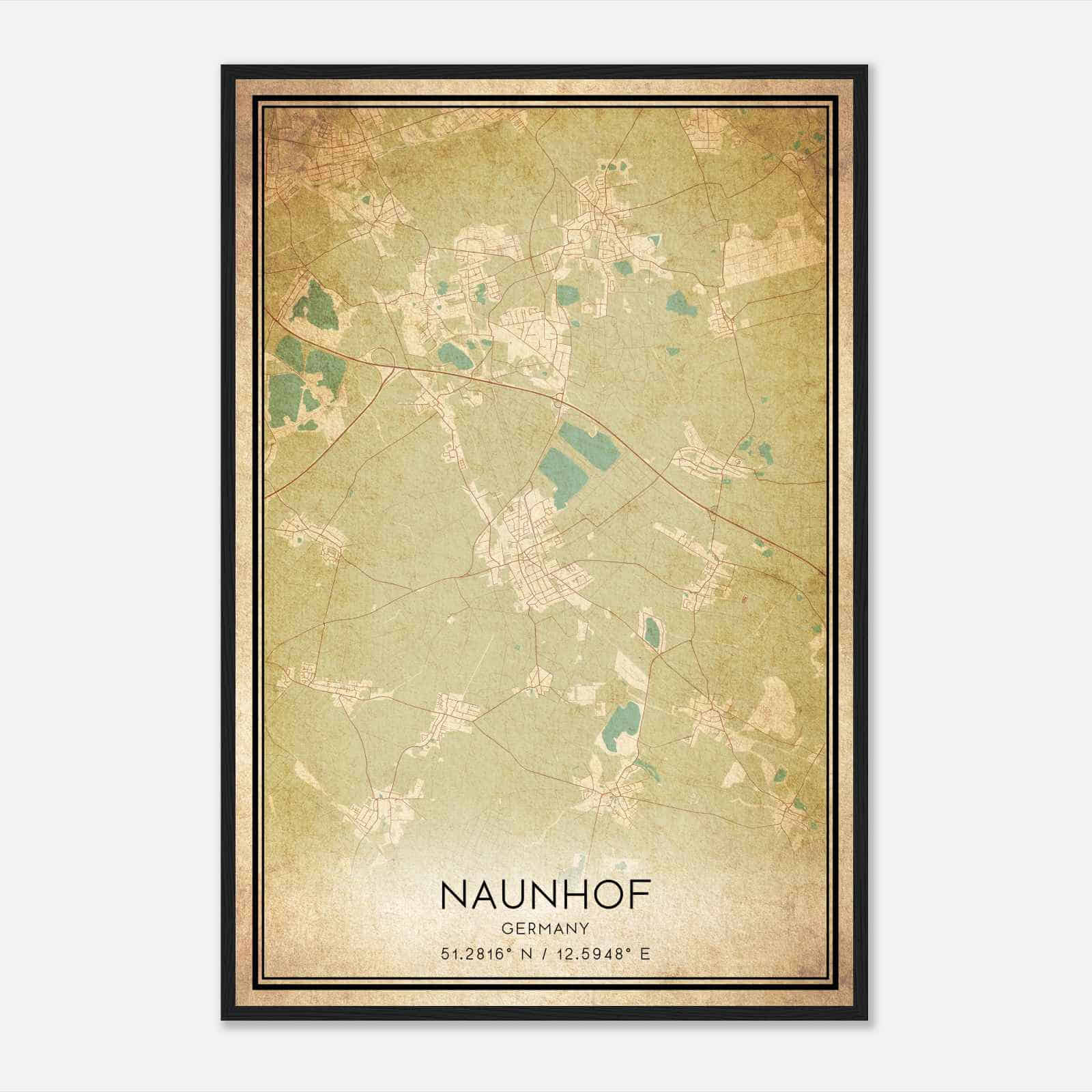 Vintage Naunhof Germany Map Poster, Naunhof City Road Wall Art Print