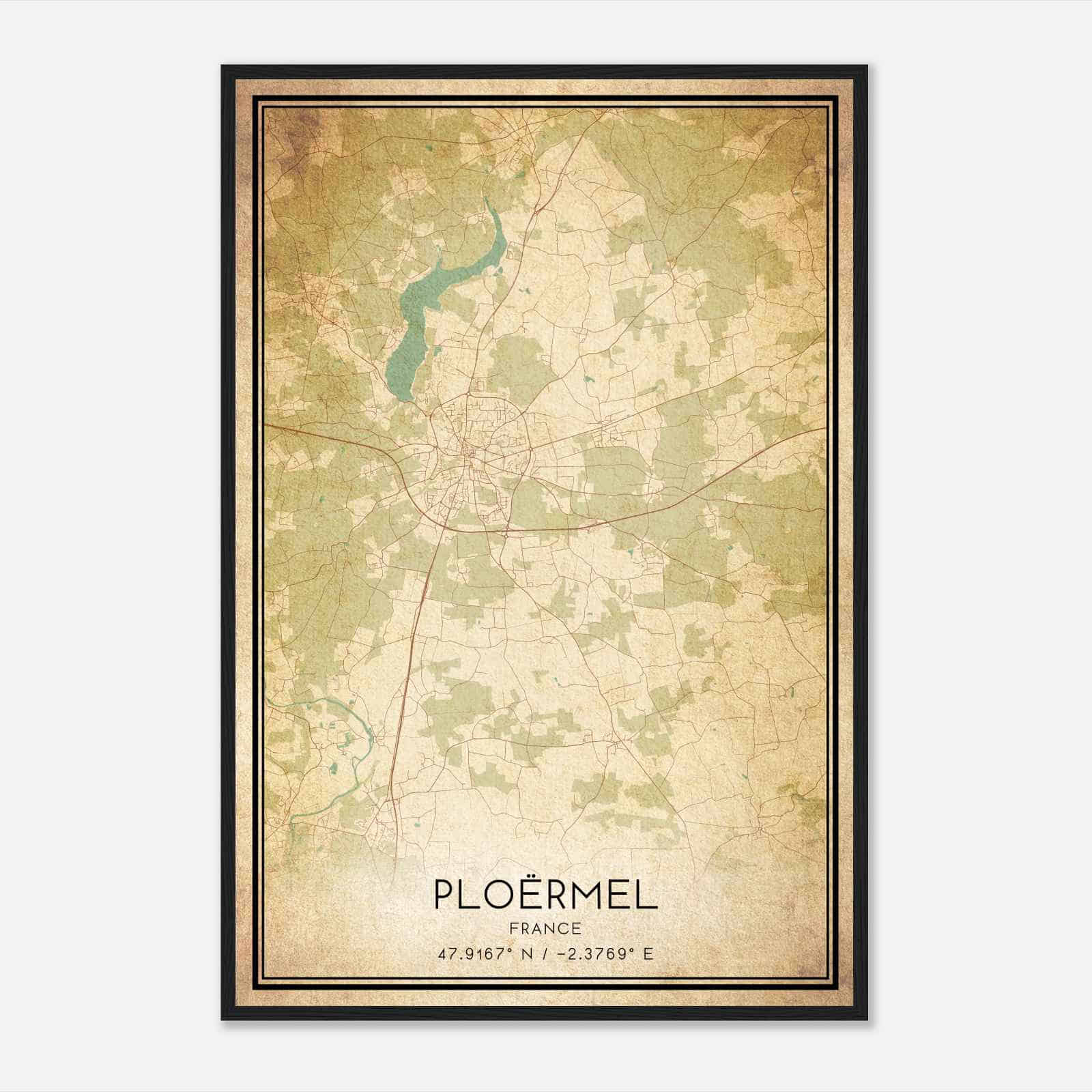 Vintage Ploermel France Map Poster, Ploermel City Road Wall Art Print