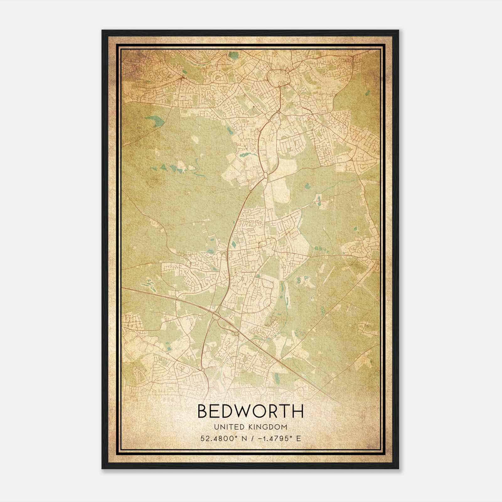 Vintage Bedworth United Kingdom Map Poster, Bedworth City Road Wall Art Print