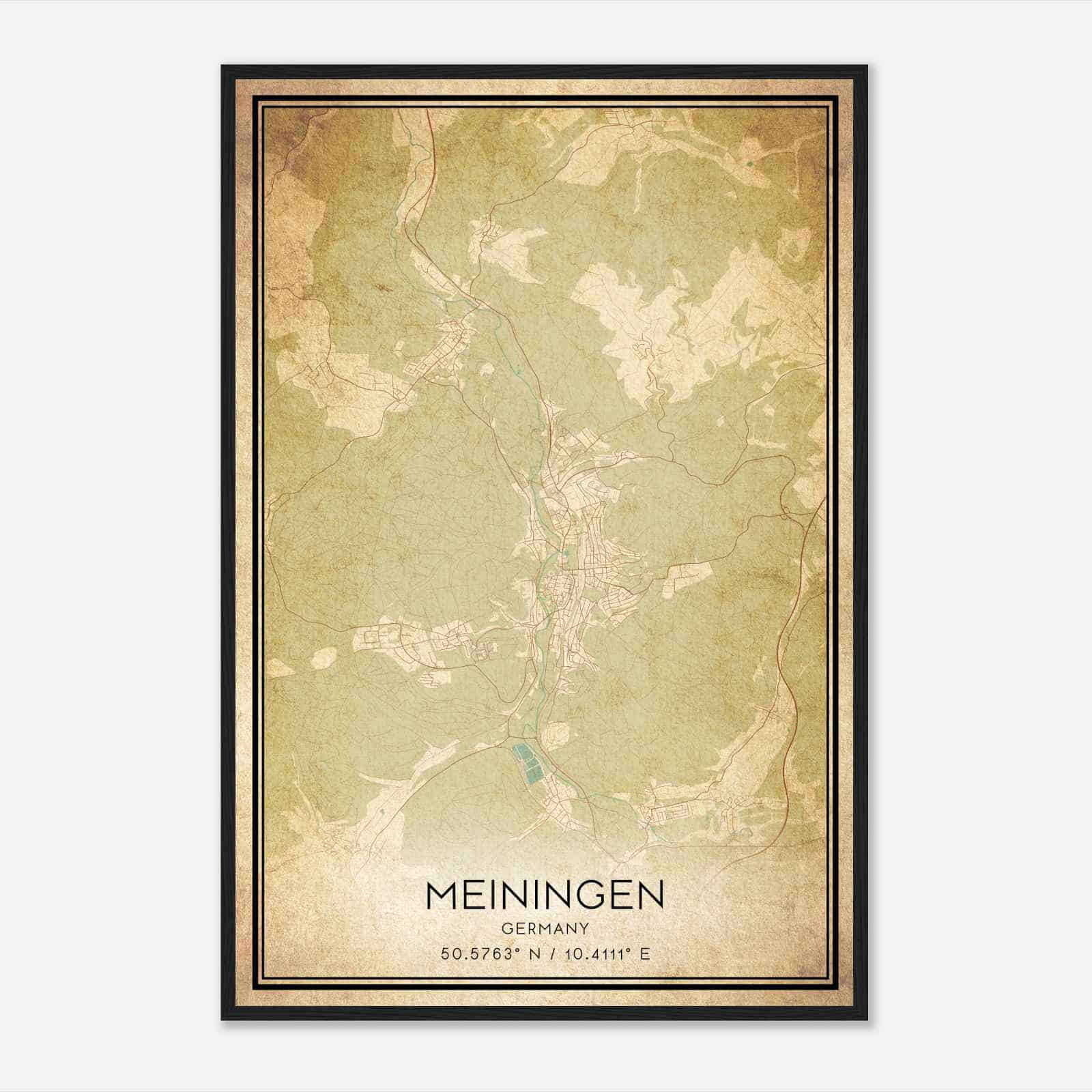 Vintage Meiningen Germany Map Poster, Meiningen City Road Wall Art Print
