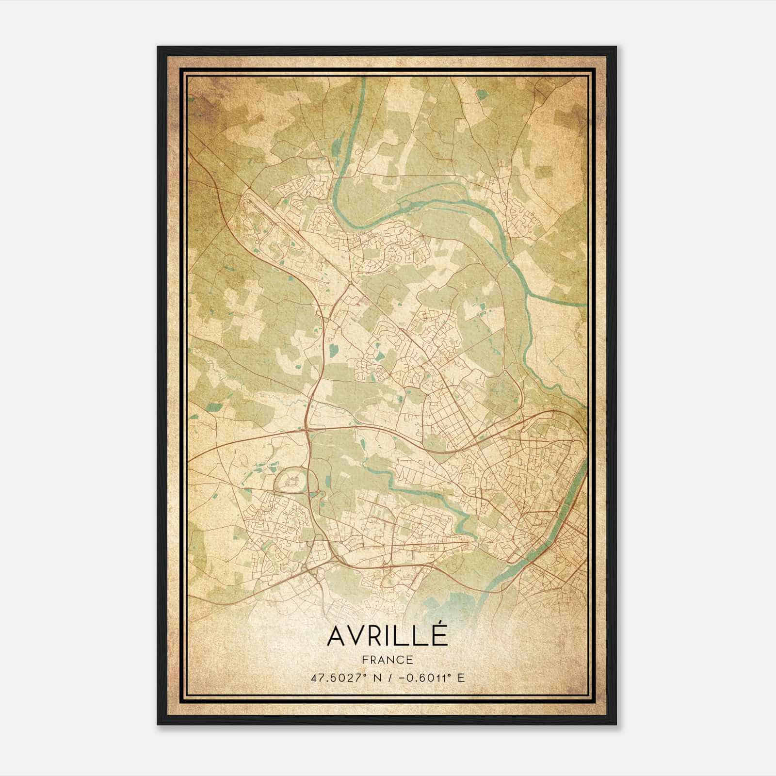 Vintage Avrille France Map Poster, Avrille City Road Wall Art Print