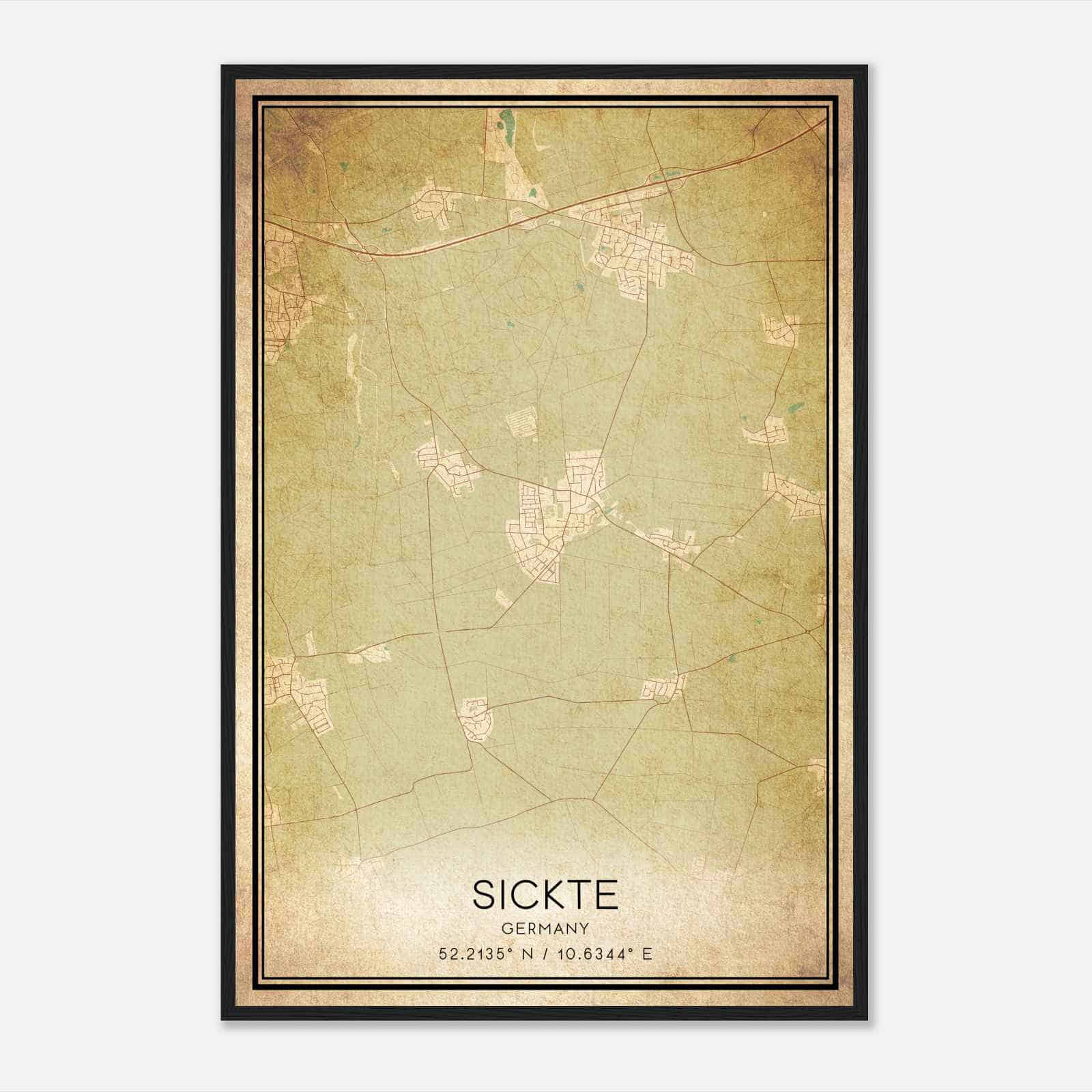 Vintage Sickte Germany Map Poster, Sickte City Road Wall Art Print