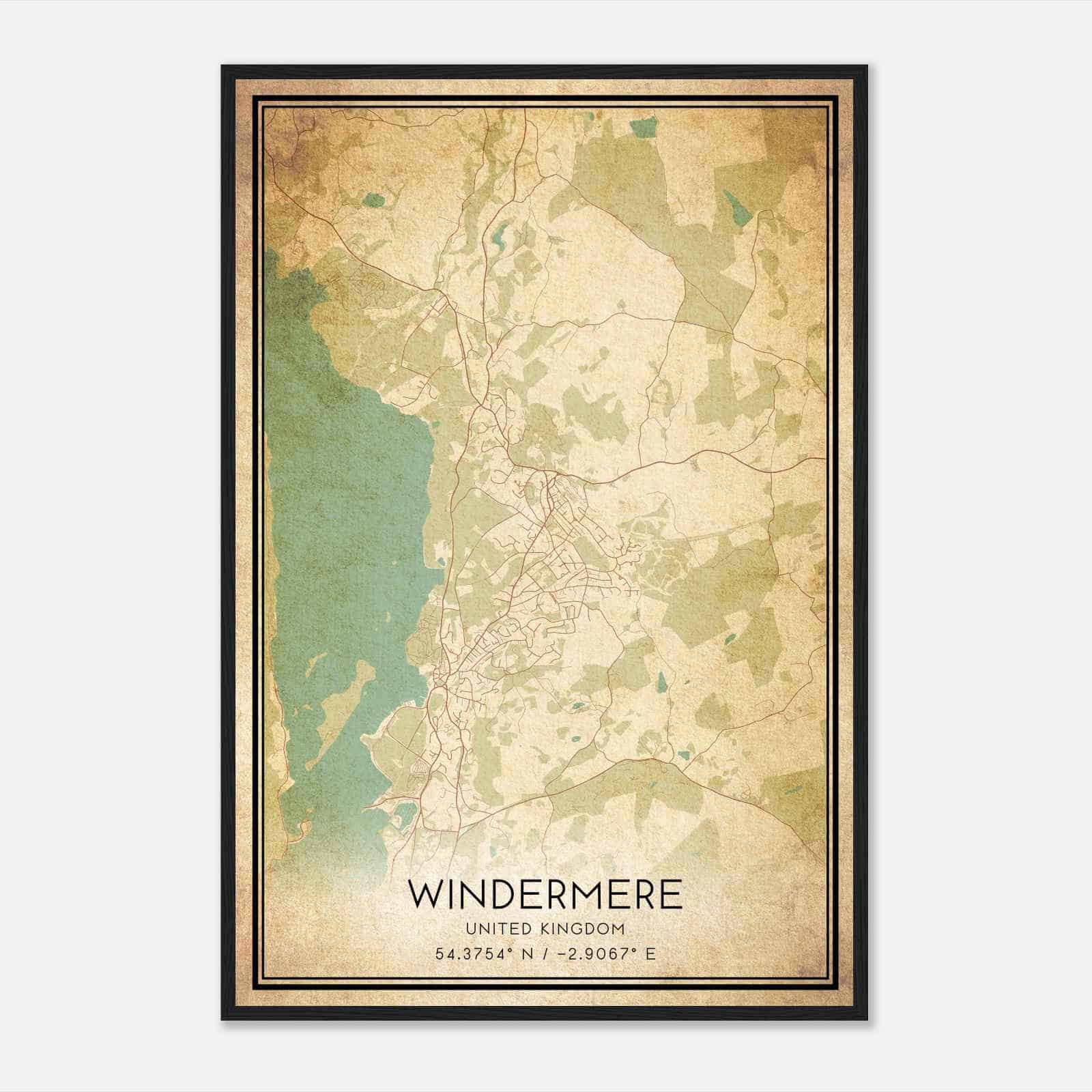 Vintage Windermere United Kingdom Map Poster, Windermere City Road Wall Art Print