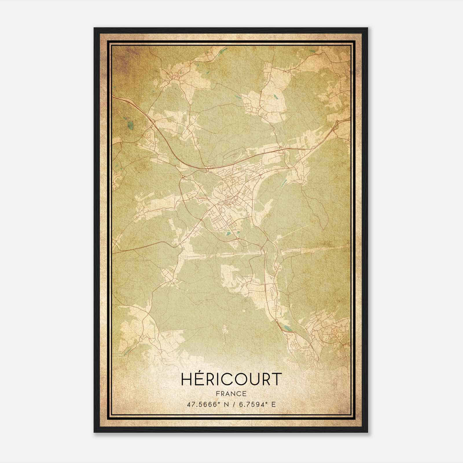 Vintage Hericourt France Map Poster, Hericourt City Road Wall Art Print
