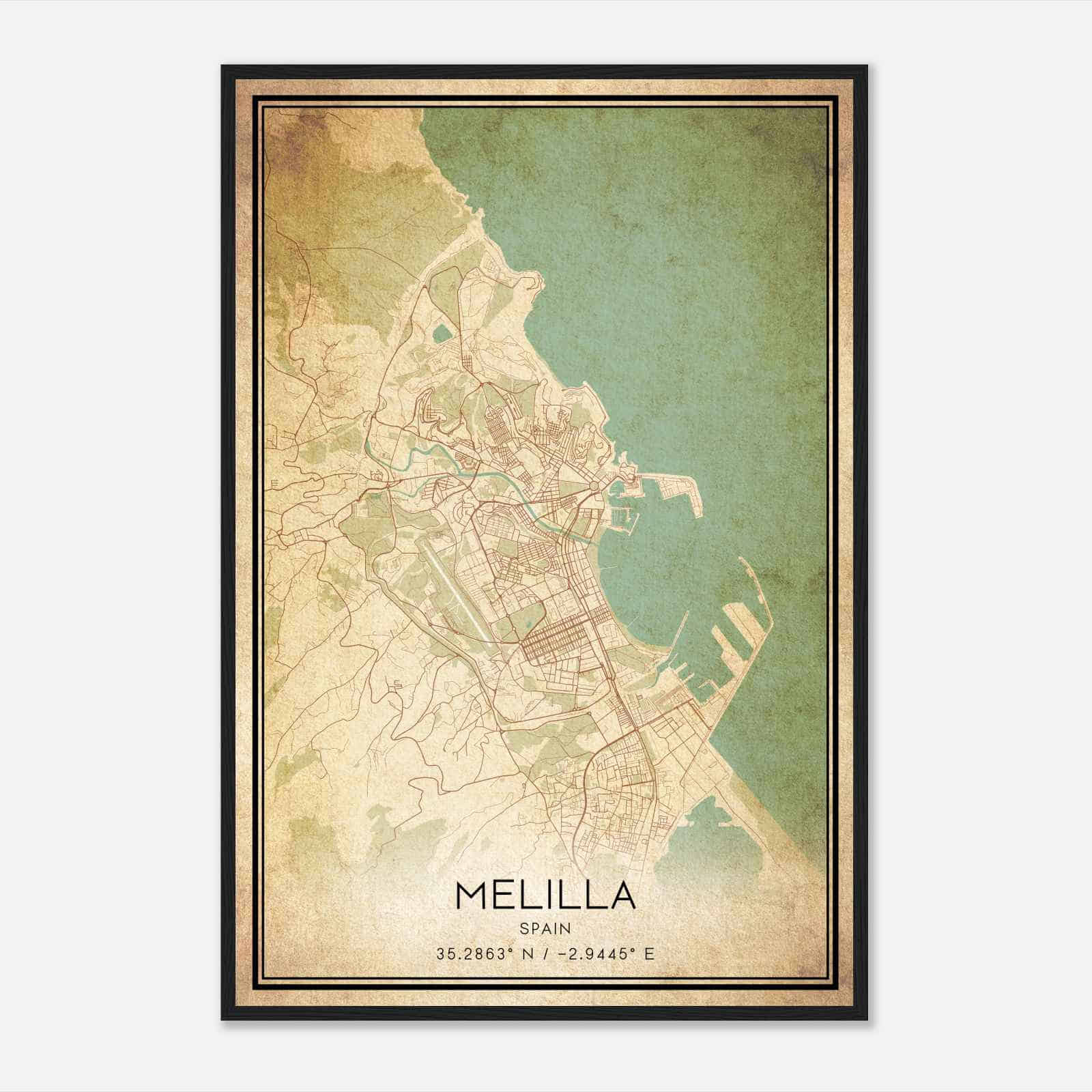 Vintage Ciudad de Melilla Spain Map Poster, Ciudad de Melilla City Road Wall Art Print