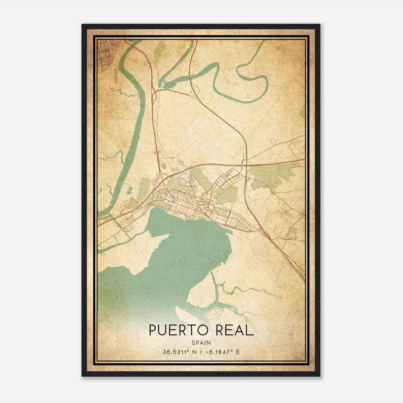Vintage Puerto Real Spain Map Poster, Puerto Real City Road Wall Art Print