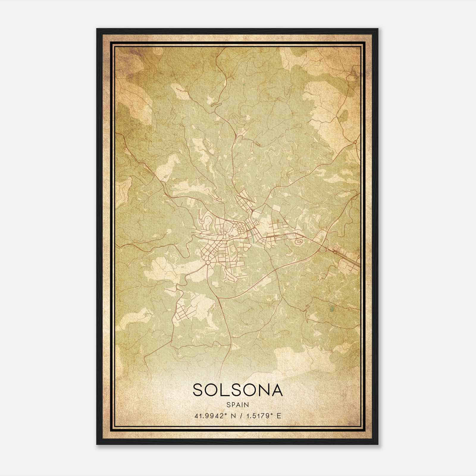 Vintage Solsona Spain Map Poster, Solsona City Road Wall Art Print