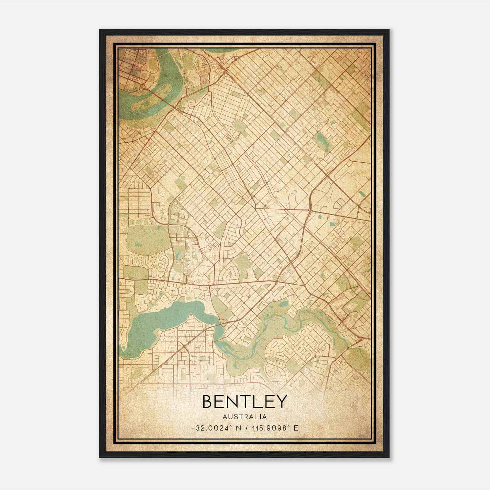 Vintage Bentley Australia Map Poster, Bentley City Road Wall Art Print