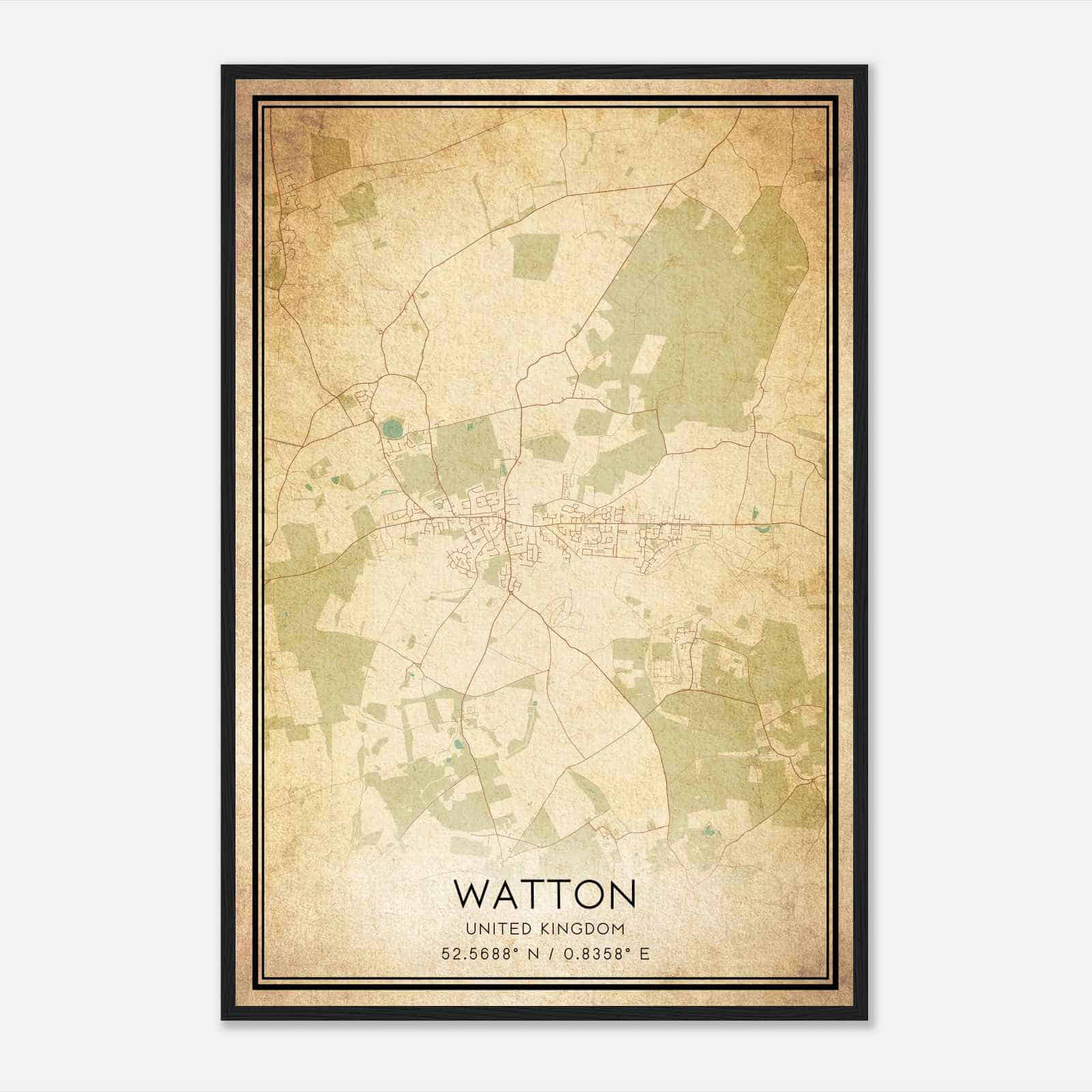Vintage Watton United Kingdom Map Poster, Watton City Road Wall Art Print