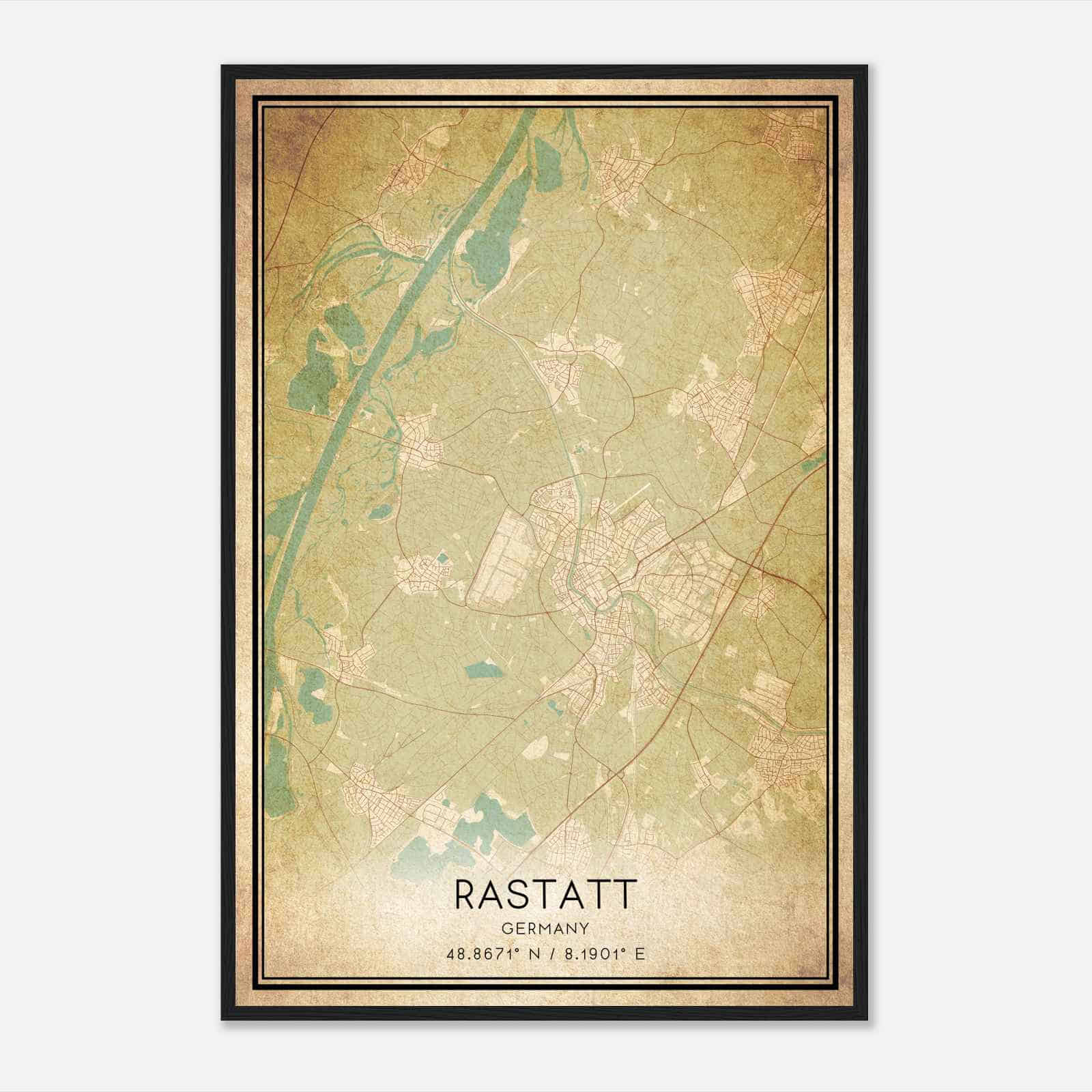 Vintage Rastatt Germany Map Poster, Rastatt City Road Wall Art Print