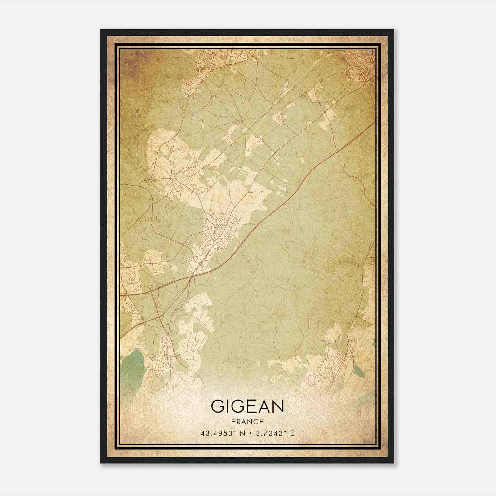 Vintage Gigean France Map Poster, Gigean City Road Wall Art Print