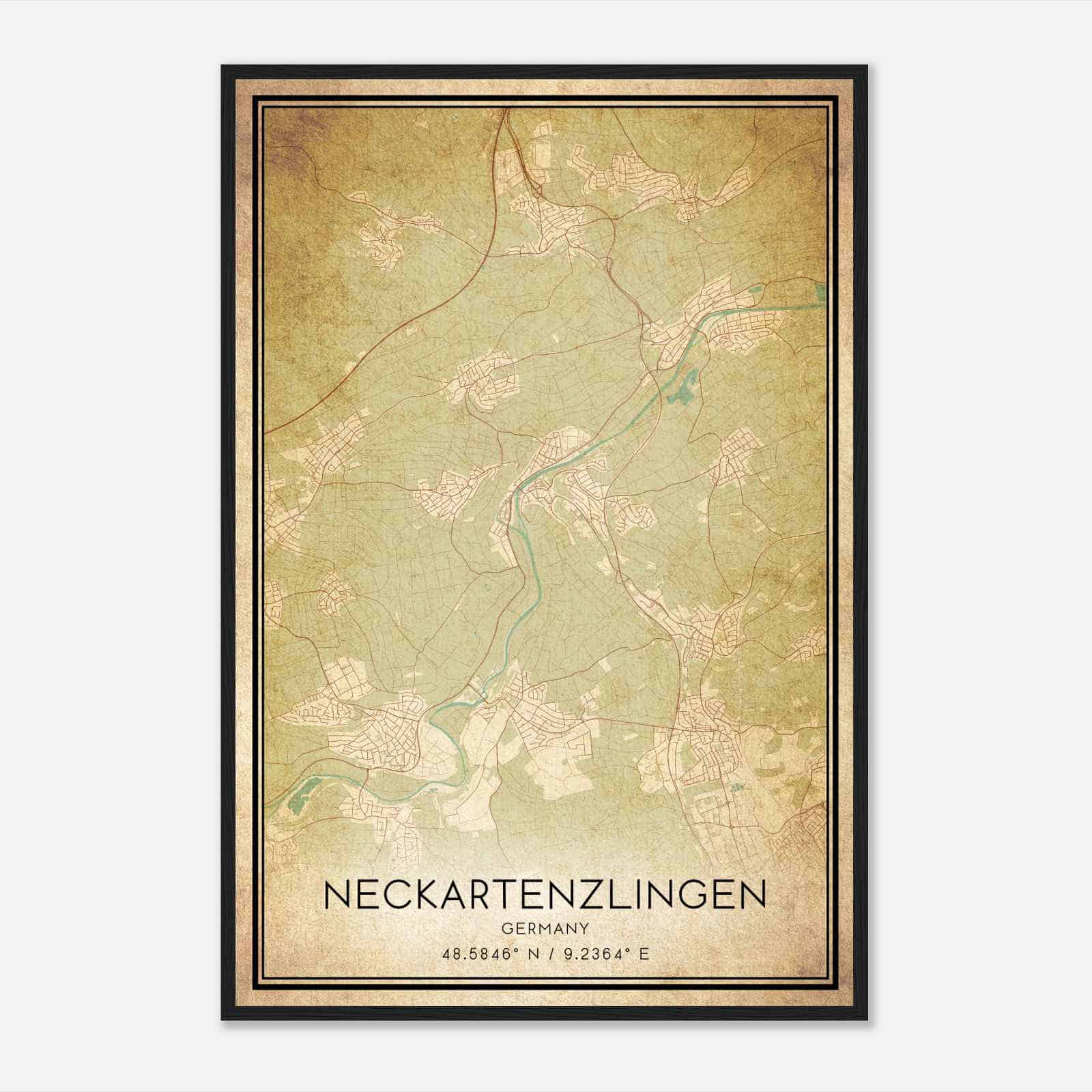 Vintage Neckartenzlingen Germany Map Poster, Neckartenzlingen City Road Wall Art Print