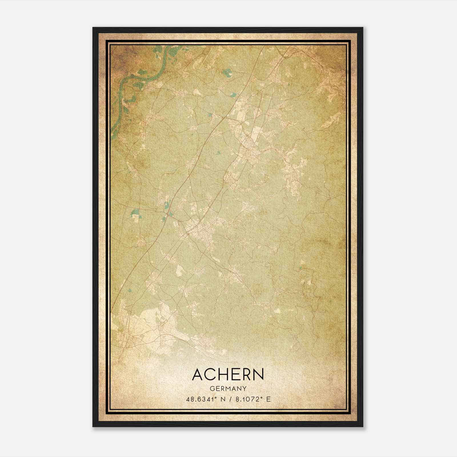 Vintage Achern Germany Map Poster, Achern City Road Wall Art Print