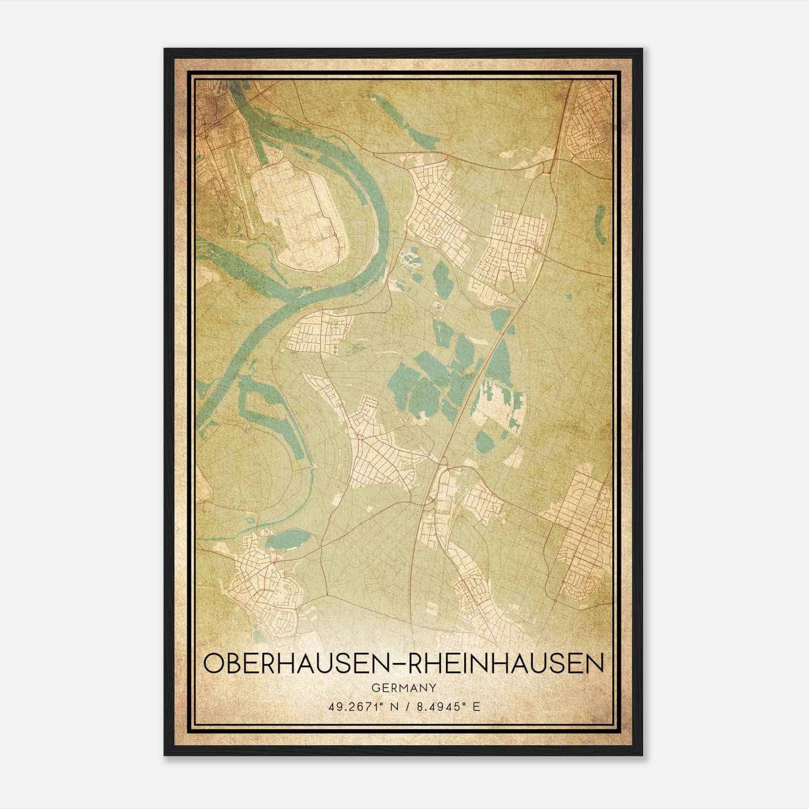 Vintage Oberhausen-Rheinhausen Germany Map Poster, Oberhausen-Rheinhausen City Road Wall Art Print