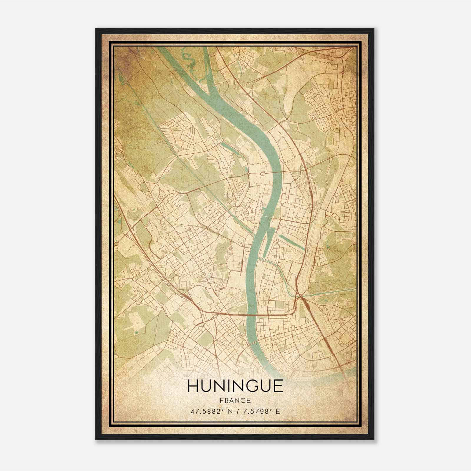 Vintage Huningue France Map Poster, Huningue City Road Wall Art Print