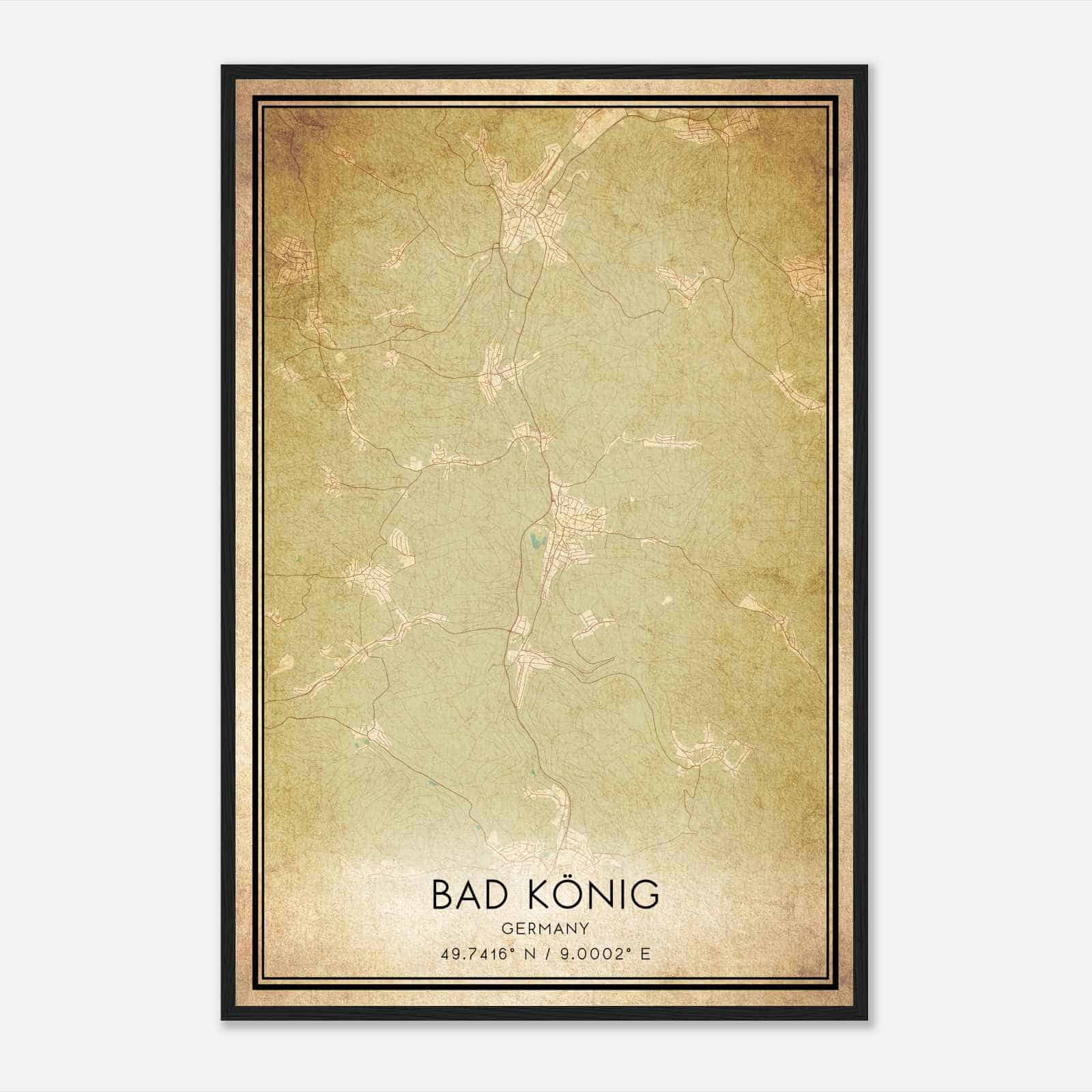 Vintage Bad Konig Germany Map Poster, Bad Konig City Road Wall Art Print
