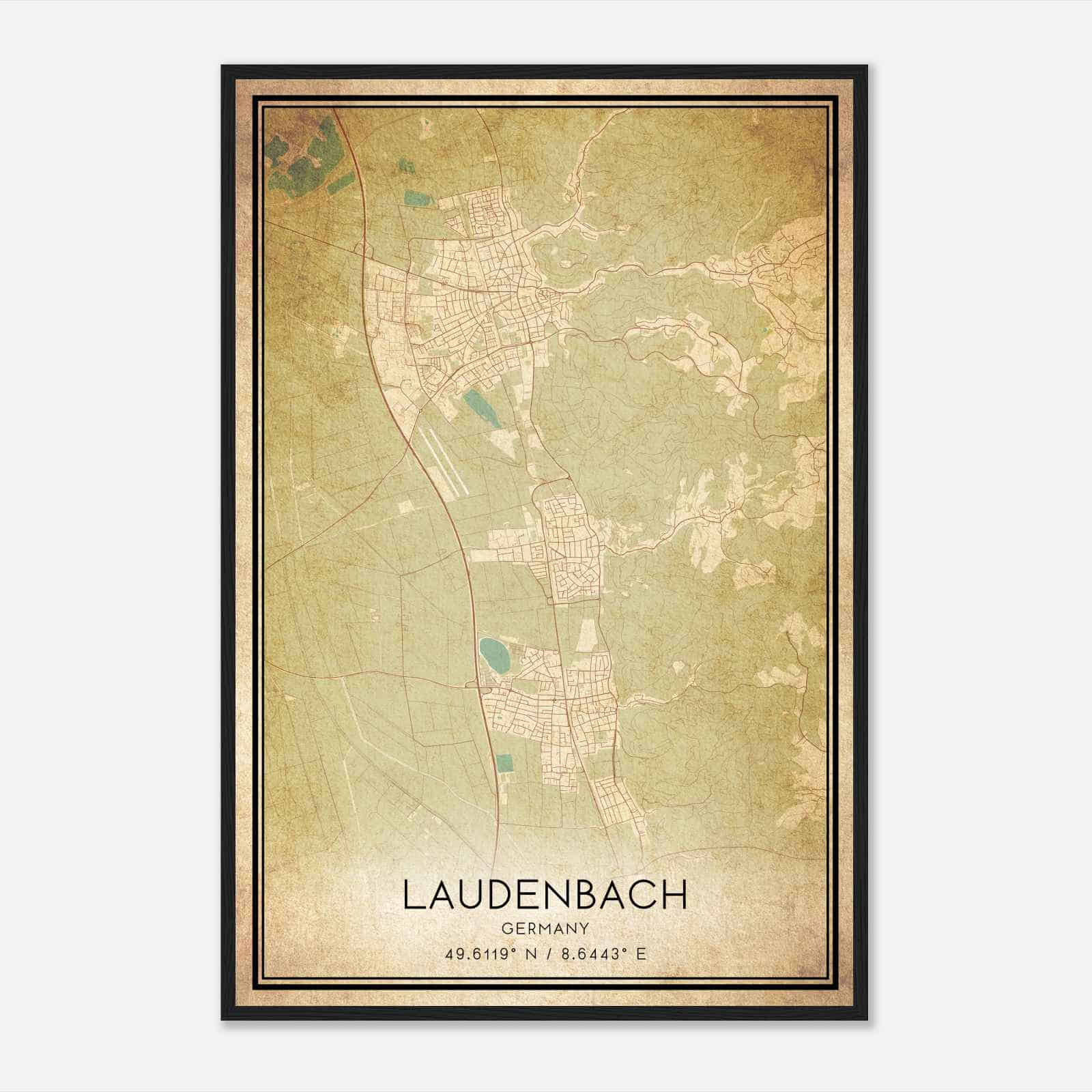 Vintage Laudenbach Germany Map Poster, Laudenbach City Road Wall Art Print