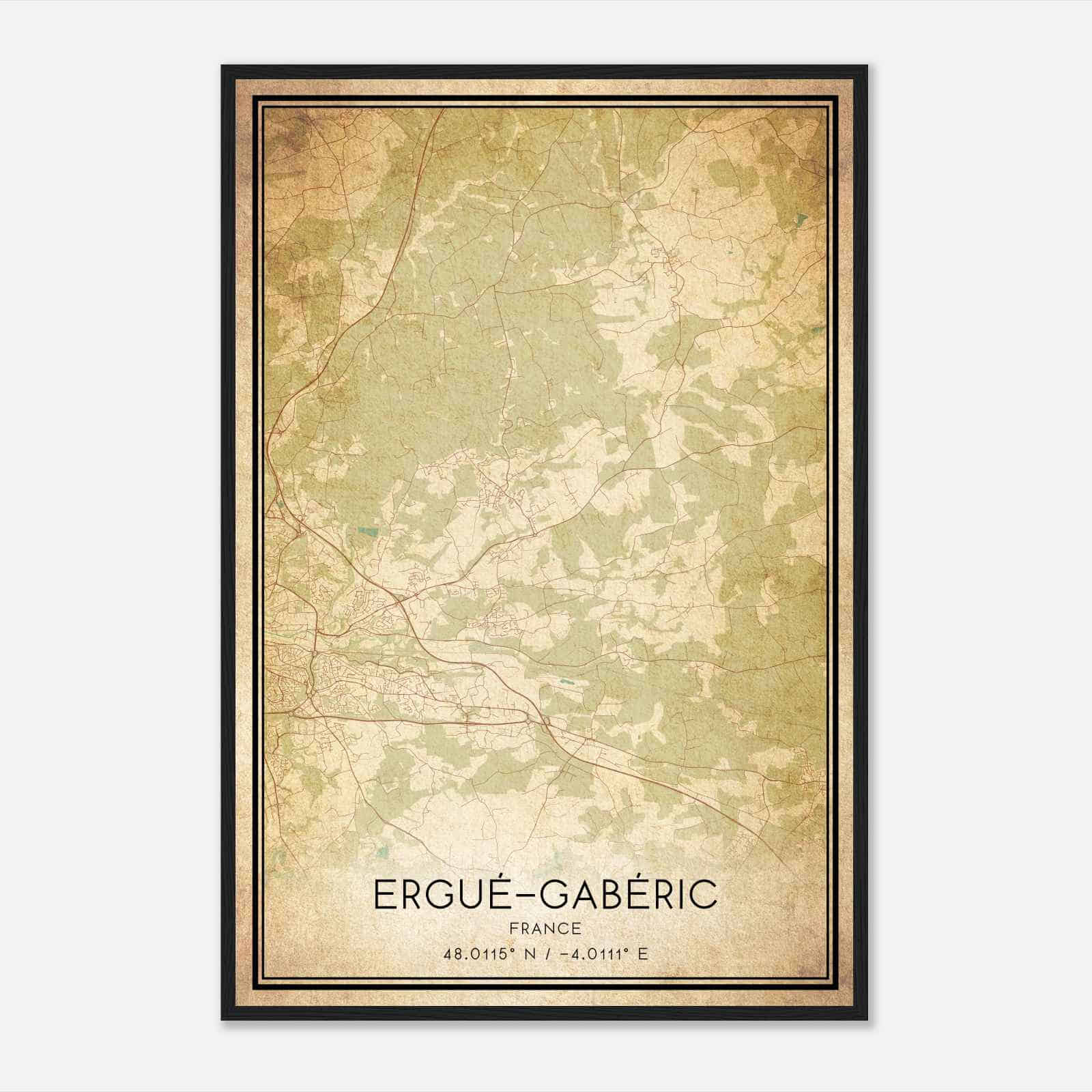 Vintage Ergue-Gaberic France Map Poster, Ergue-Gaberic City Road Wall Art Print