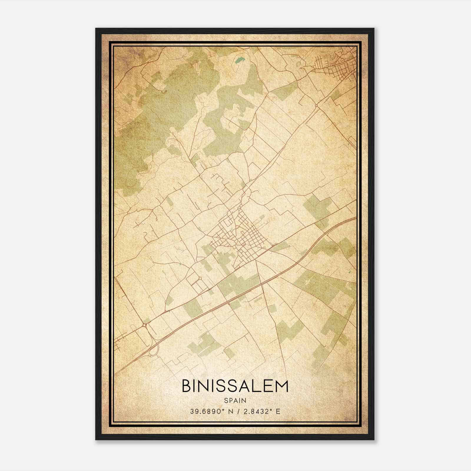 Vintage Binisalem Spain Map Poster, Binisalem City Road Wall Art Print
