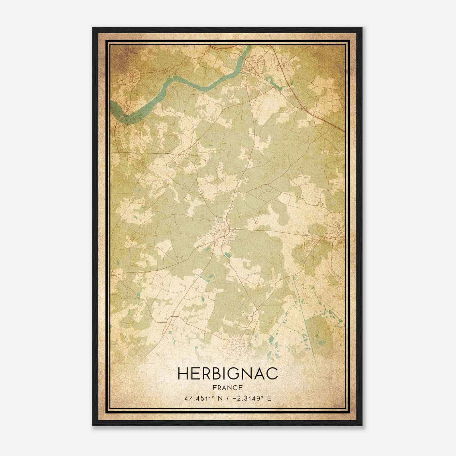 Vintage Herbignac France Map Poster, Herbignac City Road Wall Art Print