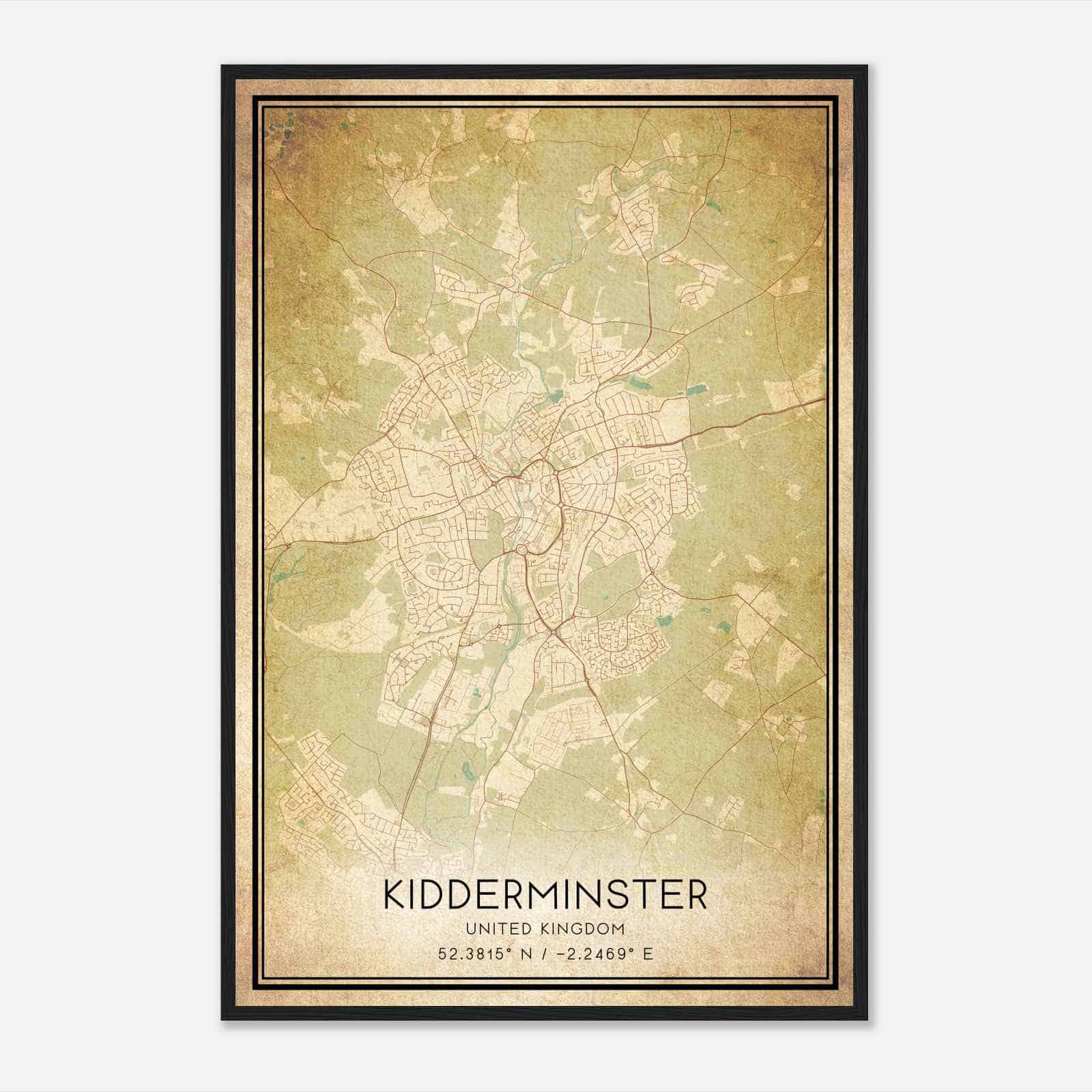 Vintage Kidderminster United Kingdom Map Poster, Kidderminster City Road Wall Art Print