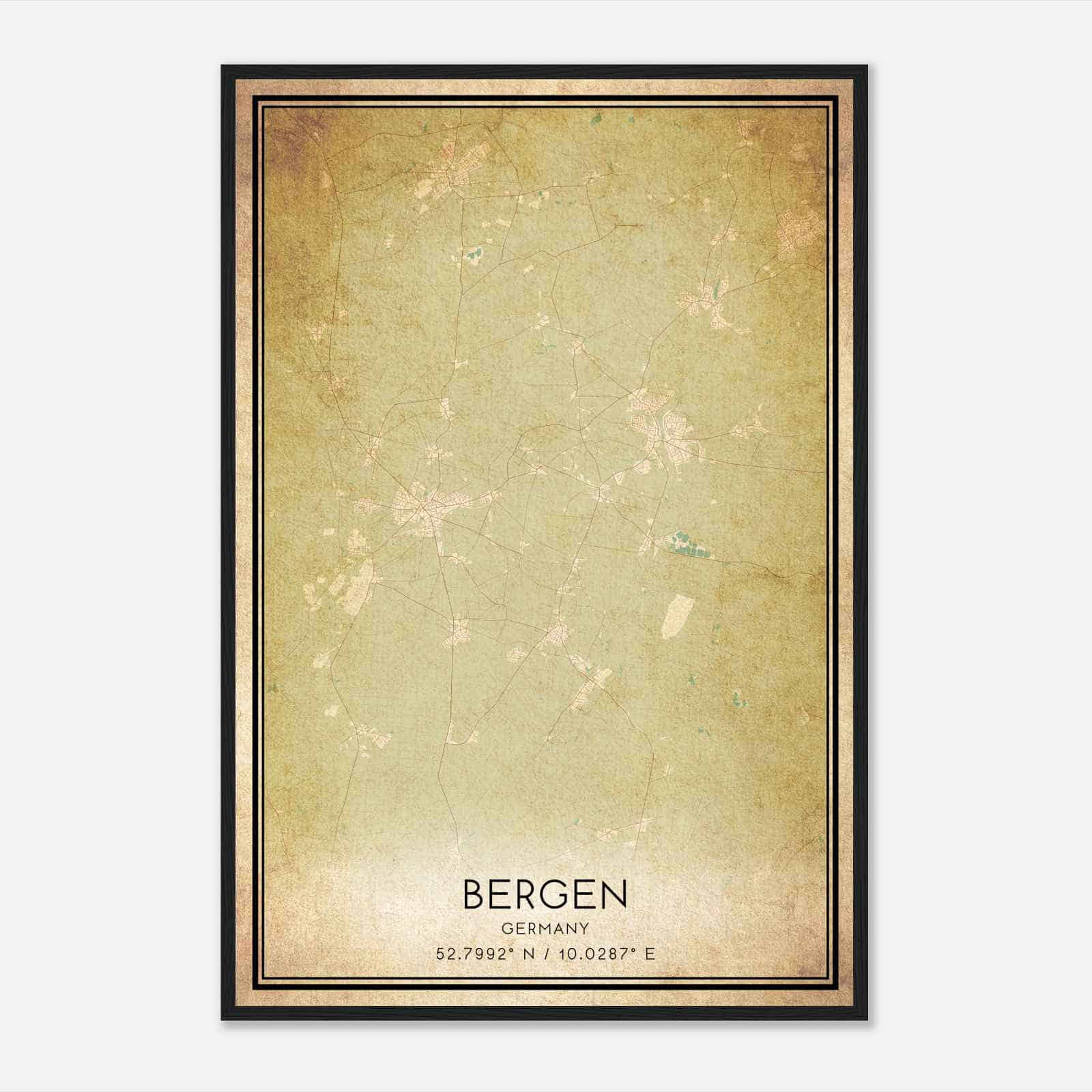 Vintage Bergen Germany Map Poster, Bergen City Road Wall Art Print