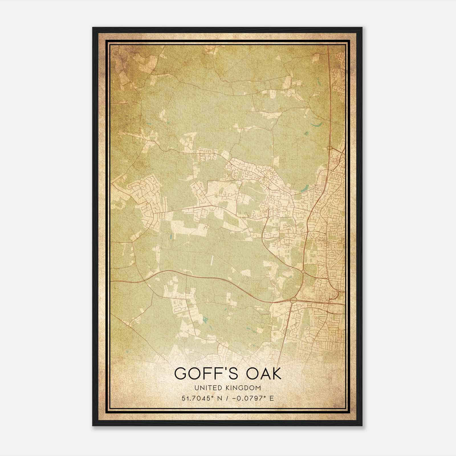 Vintage Goffs Oak United Kingdom Map Poster, Goffs Oak City Road Wall Art Print